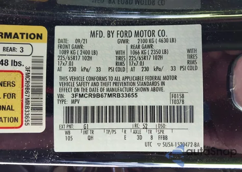 2021 Ford Bronco Sport Big Bend z USA, uszkodzony, nr VIN 3FMCR9B67MRB33655